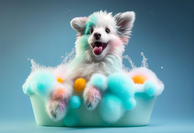 Filhote de cachorro engraçado sentado na banheira esperando pelo banner de preparação para salão de beleza de loja de animais generativo ai