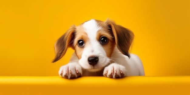 Filhote de cachorro feliz AI generativo piscando um olho e sorrindo em fundo amarelo colorido com fechado