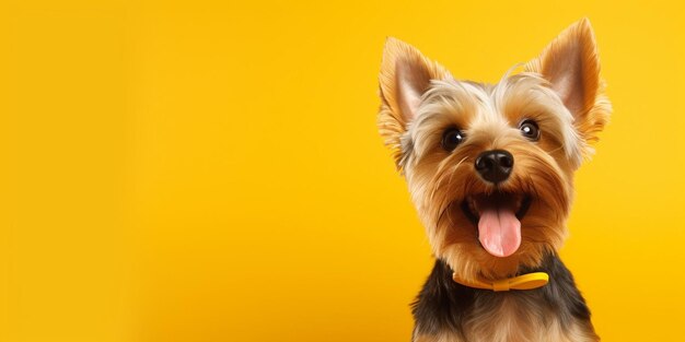 Filhote de cachorro feliz AI generativo piscando um olho e sorrindo em fundo amarelo colorido com fechado