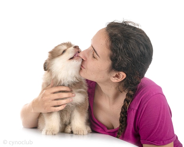 Filhote de cachorro finlandês Lapphund e mulher