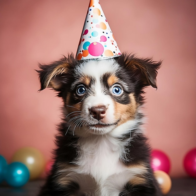 Filhote de cachorro fofo engraçado usando cone de festa no fundo rosa