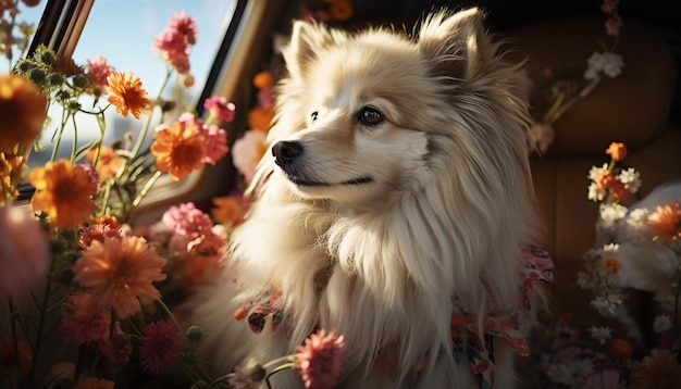 Filhote de cachorro fofo sentado ao ar livre cercado por flores amarelas parecendo alegre gerado por inteligência artificial