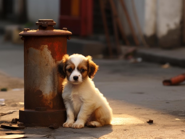 Foto filhote de cachorro fofo sentado perto de um hidrante