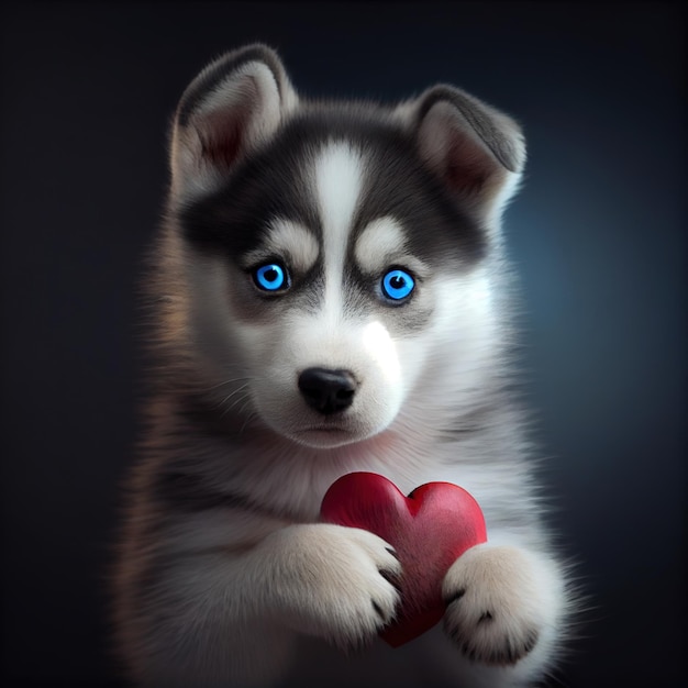 Filhote de cachorro Husky com coração vermelho Generative AI