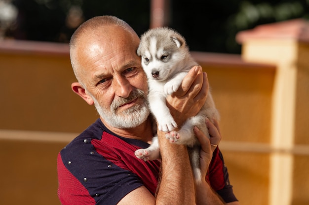 Filhote de cachorro Husky nas mãos de um homem