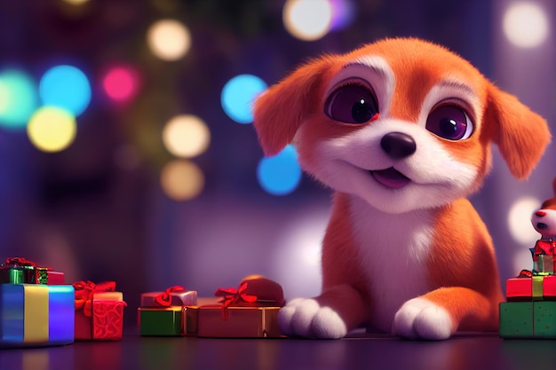 Filhote de cachorro no fundo de natal da floresta de inverno