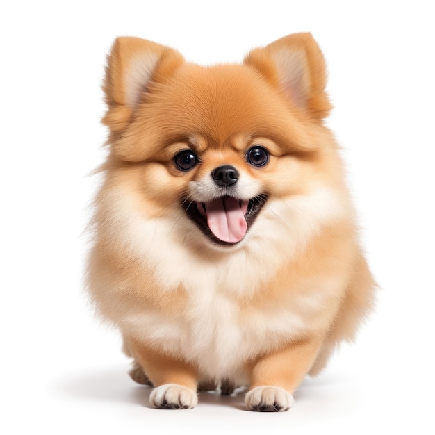 Filhote de cachorro Pomeranian bonito no fundo branco