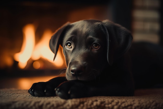 Filhote de cachorro preto bonito perto de uma lareira gerada ai