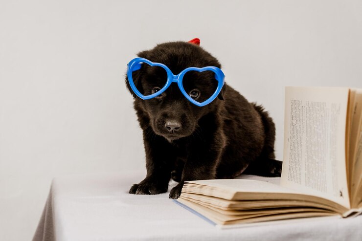 Foto filhote de cachorro preto com óculos de brinquedo azul está deitado em um livro