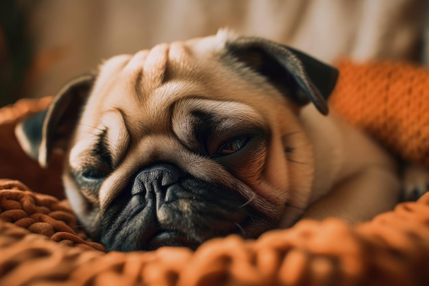 Filhote de cachorro Pug está dormindo em sua cama