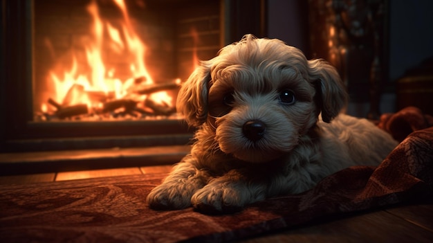 Filhote de cachorro sonhando ao lado do fogo brilhante
