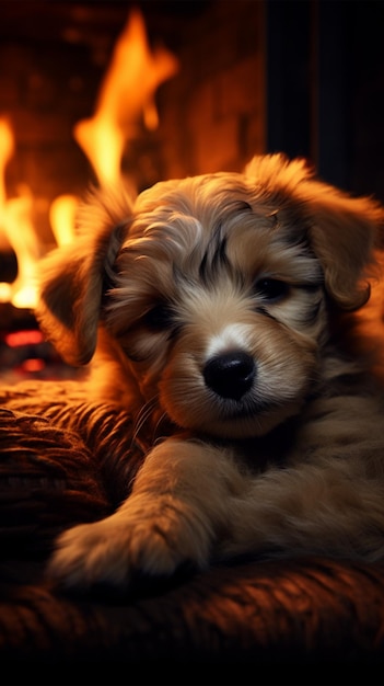 Filhote de cachorro sonhando ao lado do fogo brilhante