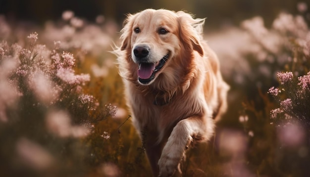 Filhote de cachorro sorridente brinca no prado com flores geradas por IA