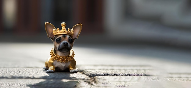 Filhote de cachorro usando uma coroa de ouro ao ar livre