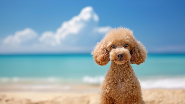 filhote de caniche com uma expressão facial adorável contra o fundo da praia