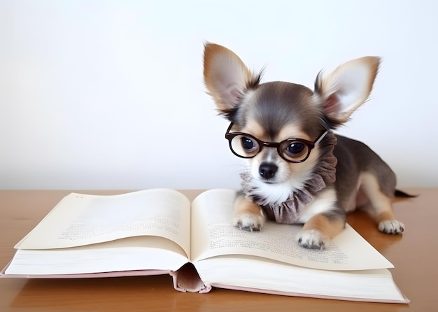 Filhote de chihuahua fofo com livro sobre histórias para dormir