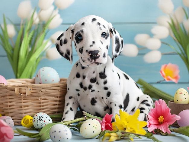 Filhote de dálmata bonito e ovos de páscoa pintados coloridos Conceito de feliz dia de páscoa