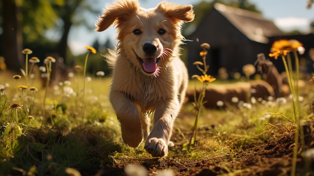 Filhote de golden retriever andando na grama com língua e alegria alegre