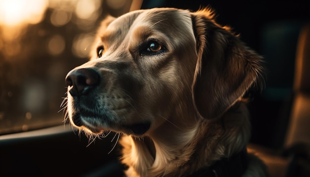 Filhote de golden retriever sentado no carro ao ar livre gerado por IA