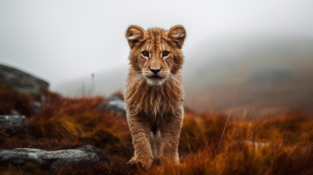 Filhote de leão em um dia nublado