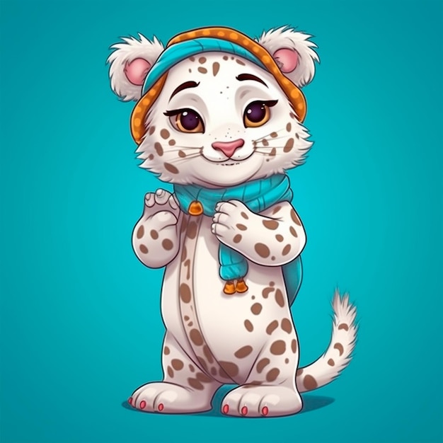 Foto filhote de leopardo da neve de personagem em um boné folclórico tradicional estilo de livro infantil desenhado à mão