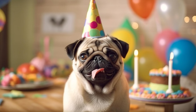 Filhote de Pug com chapéu de aniversário comemorando seu aniversário cachorro fofo com decoração festiva feliz aniversário