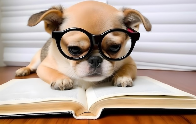 Filhote de PUG fofo com livro sobre histórias para dormir