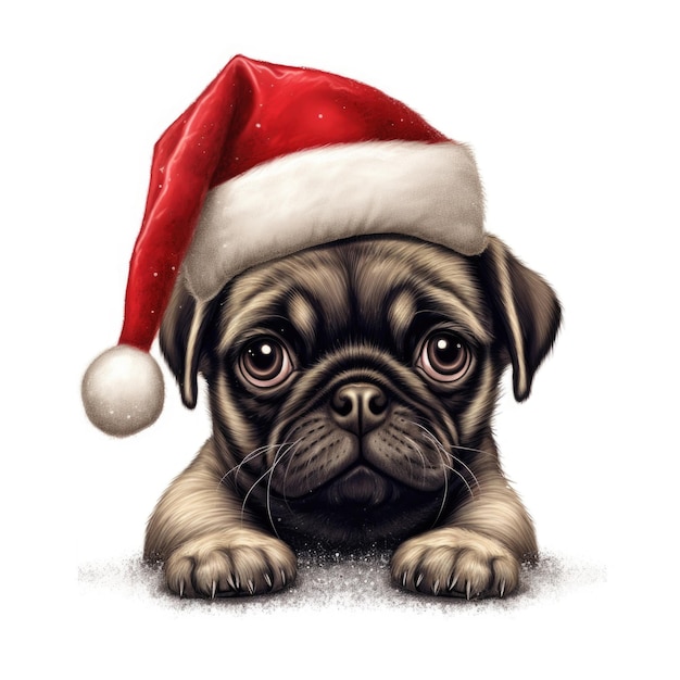 Filhote de Pug usando chapéu de Papai Noel