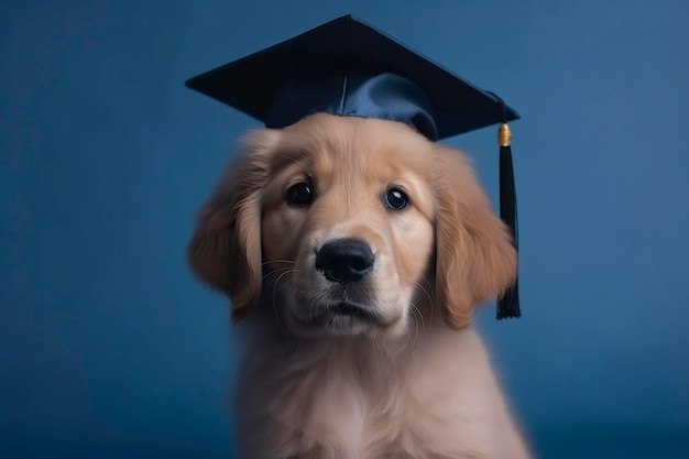 Filhote de retriever dourado em boné acadêmico sobre fundo azul Generative AI