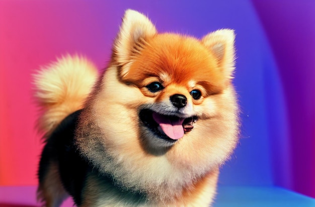 Filhote de spitz bonito com boca aberta em fundo multicolorido brilhante Retrato de cachorro pequeno com pêlo fofo sorrindo mostrando língua Generative AI