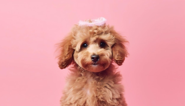 Filhote de Toy Poodle em pano de fundo rosa com espaço de cópia