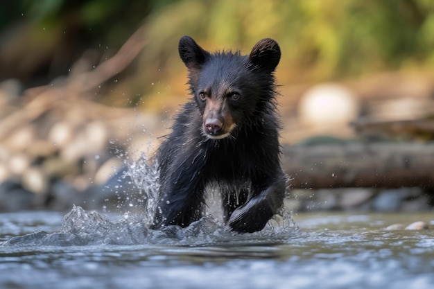 Filhote de urso preto brincando em um rio raso Generative AI