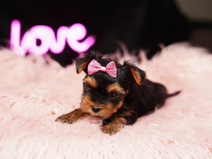 Foto filhote de yorkshire terrier contra um travesseiro de pele rosa fofo e fofo yorkshire terrier com laço vermelho