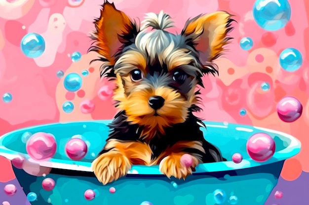 Filhote de Yorkshire Terrier em um banho com ilustração vetorial de bolhas