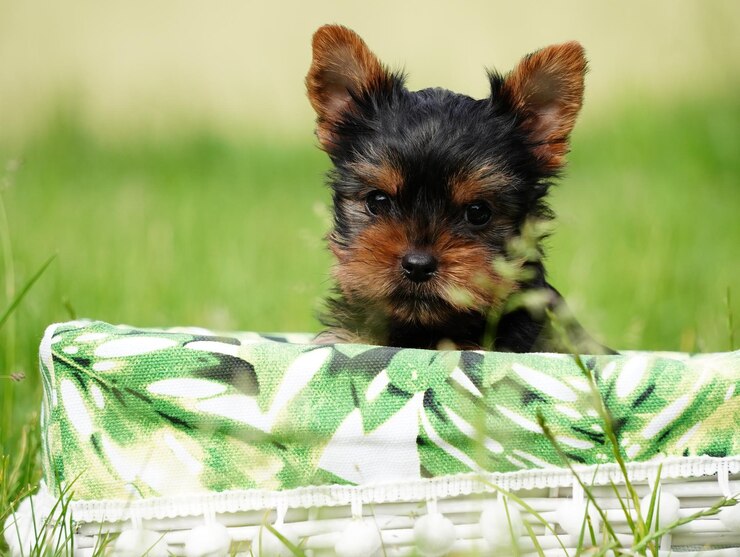 Foto filhote de yorkshire terrier sentado em uma cesta de vime branca na grama verde cachorro fofo e fofo