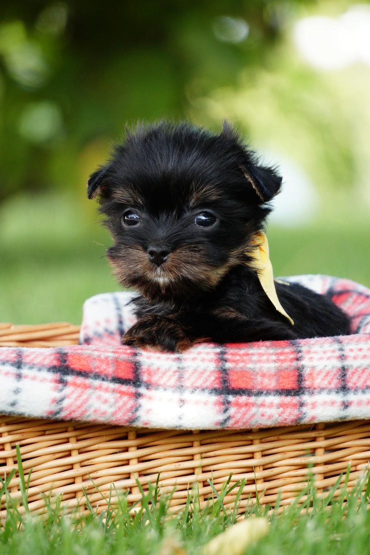 Foto filhote de yorkshire terrier sentado em uma cesta de vime no parque filhote de cachorro fofo olhando para a câmera