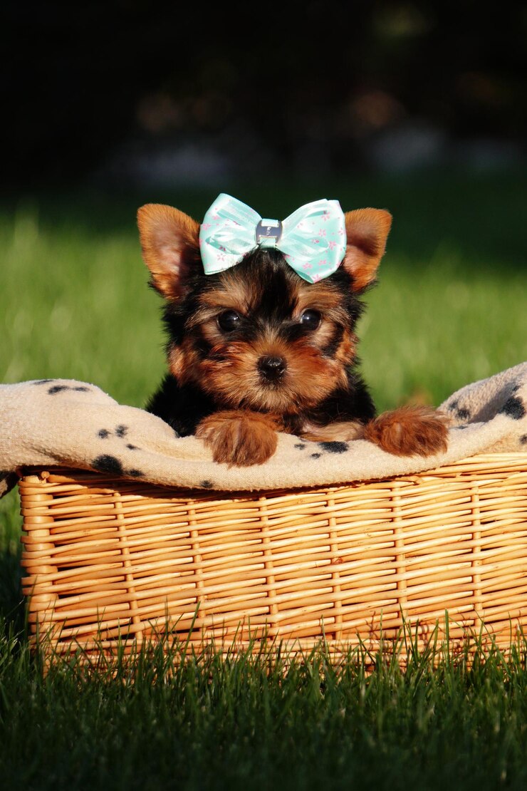 Foto filhote de yorkshire terrier sentado em uma cesta de vime no parque filhote de cachorro fofo olhando para a câmera