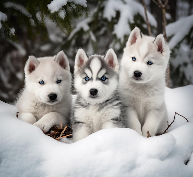 Filhotes de Husky Siberiano posando na neve