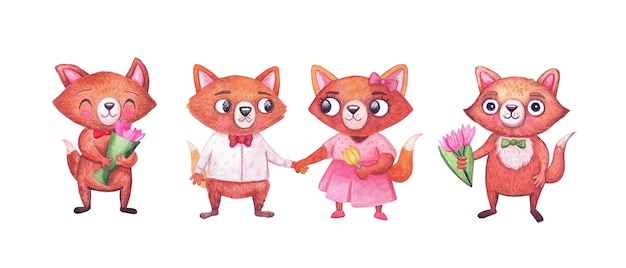 Filhotes de raposa aquarela bonito isolados no fundo branco. Personagens de férias com flores para festa, comemorações, aniversário, dia dos namorados, natal, ano novo, dia das mães e muito mais