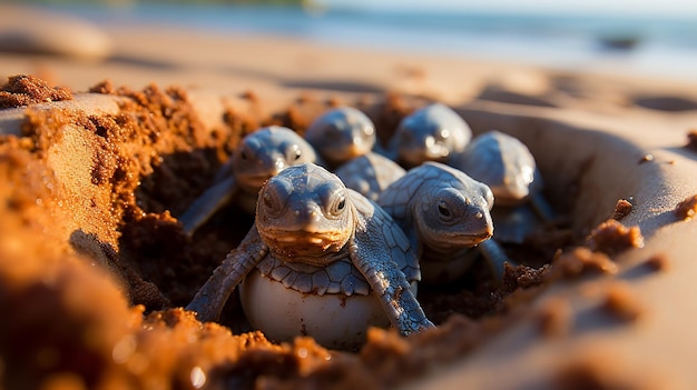 Filhotes de tartarugas rastejando na praia