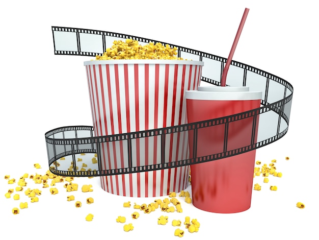 Film, Popcorn und Getränk über weißem Hintergrund