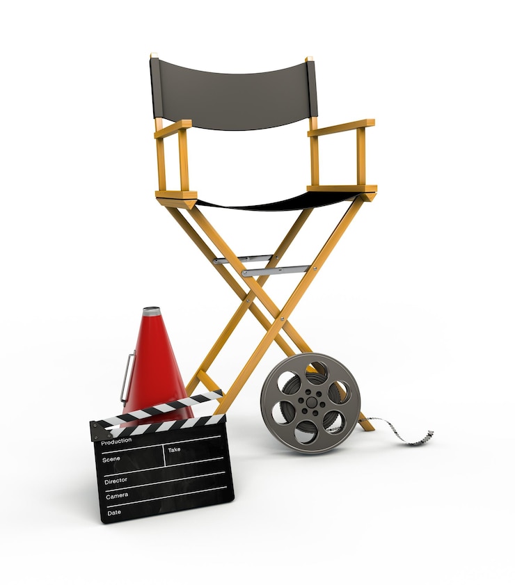 Foto film-set-essentials regisseure stuhl spotlight clapperboard und filmrolle