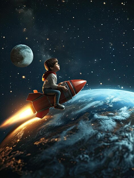 Film still3D-Rendering Junge reitet Rakete fliegt zum Mondblau schwarze Erde Hintergrund Sternenlicht niedriger Blickwinkel hohe Qualität ar 34 v 6 Job ID 98fede434f9948fc8afe67c06aa87cb3