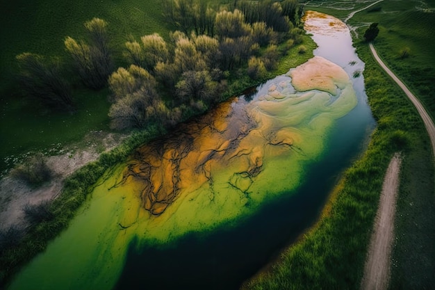 Filmagem de drone de um fluxo de água poluída venenosa perto de Geamana Romênia