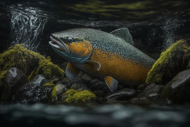 Filmaufnahme eines lebhaften Lachses, der im tiefblauen Ozean schwimmt