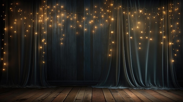 Filmbühne, die für Veranstaltungen und Feiern mit Feenlampen und Glühbirnen geschmückt ist