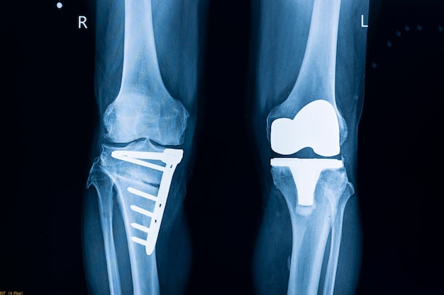 Filme de raio-x de um paciente após artroplastia total do joelho esquerdo