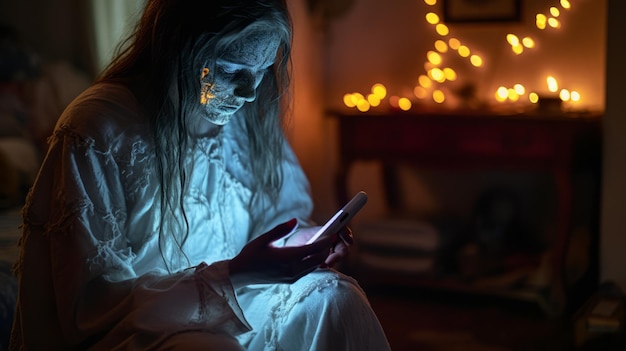 Foto filme de terror amador cena de casa assombrada com telefone celular à luz de velas