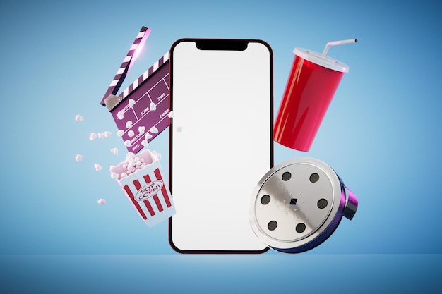 Filme online ansehen Smartphone-Videoband Popcorn und Soda auf blauem Hintergrund 3D-Render