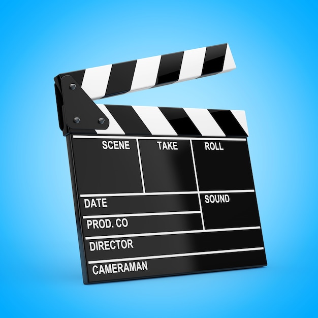 Filme Slate Clapper Board sobre um fundo azul. Renderização 3D